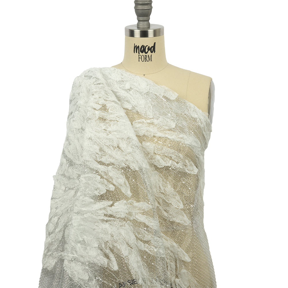 Metallic Silver Mesh with White Leafy VIne 3D Lace Applique Metallic Silver Mesh with White Leafy VIne 3D Lace Applique