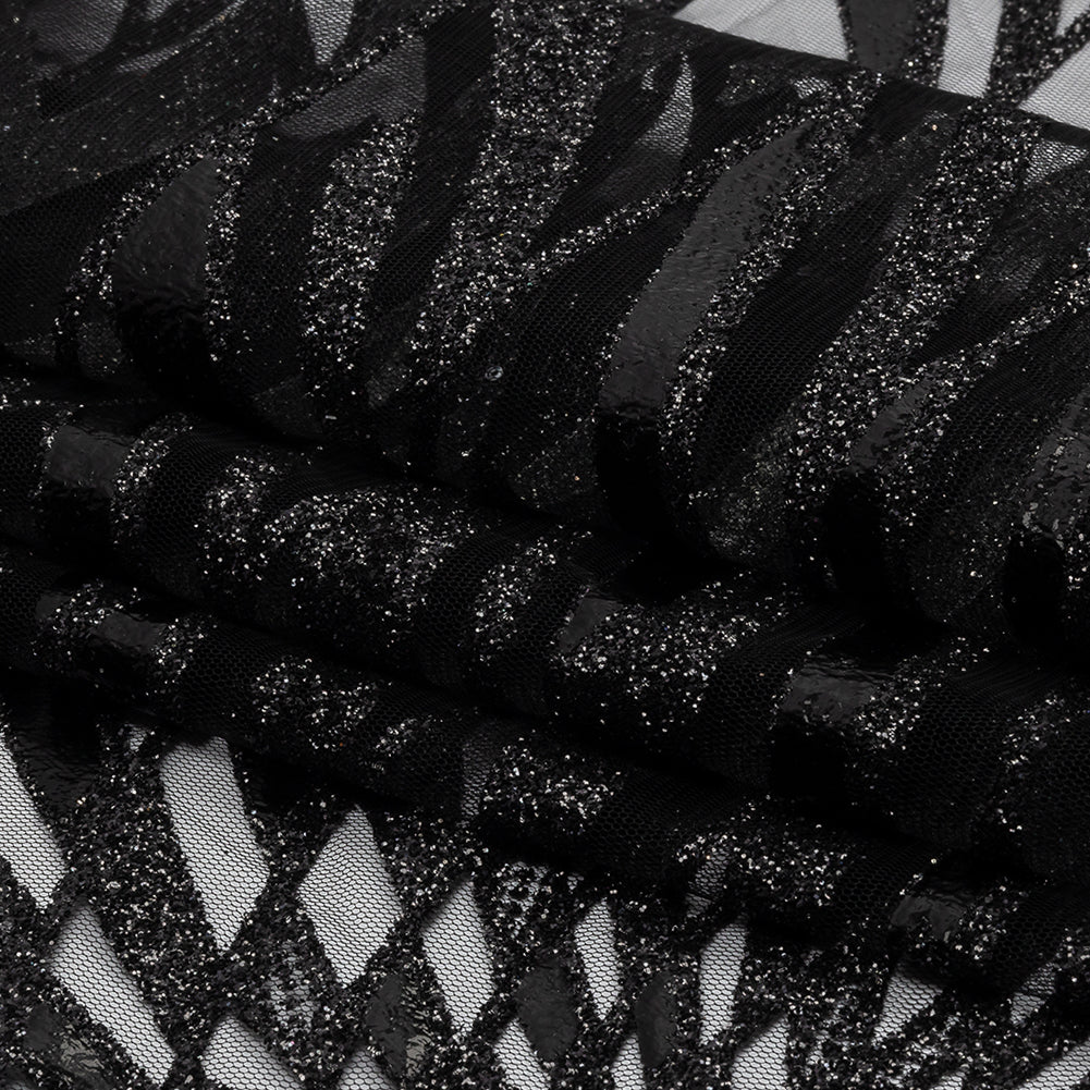 Geometric Feathers Glitter Tulle - Black Geometric Feathers Glitter Tulle - Black