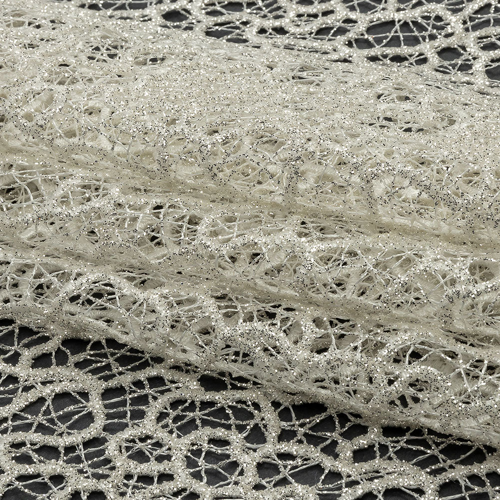 Guipure Lace with Glitter - White Meandering Lines Guipure Lace with Glitter - White Meandering Lines