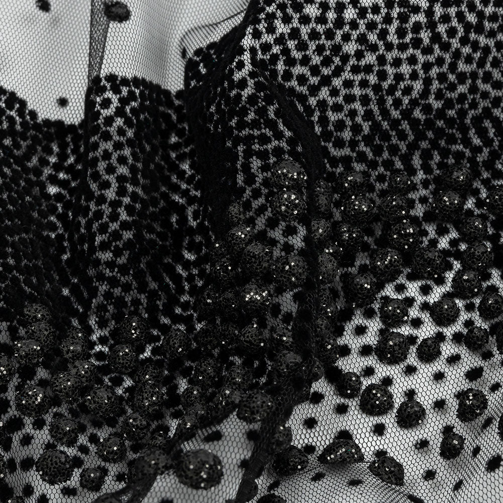 Flocked Puffy Glitter Tulle - Black Abstract Stripes - Detail Flocked Puffy Glitter Tulle - Black Abstract Stripes - Detail