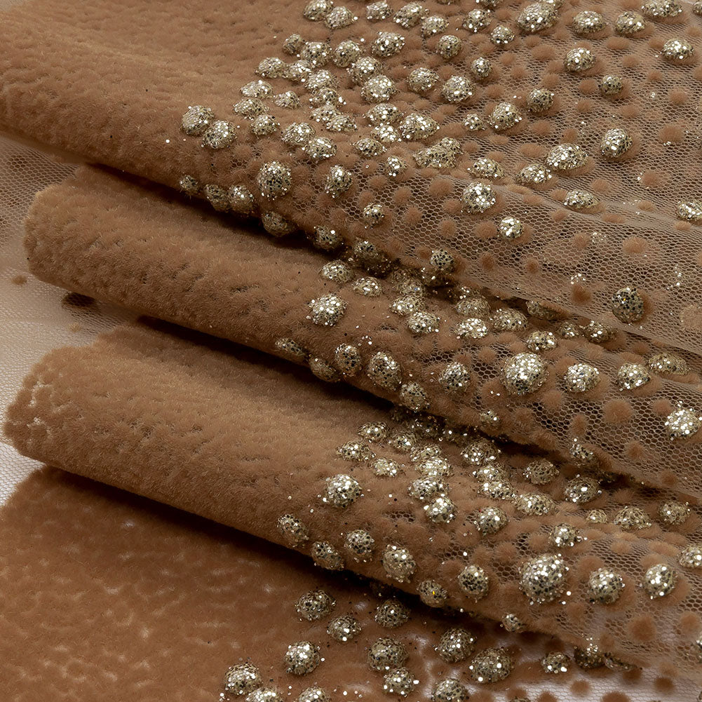 Flocked Puffy Glitter Tulle - Caramel Abstract Stripes - Folded Flocked Puffy Glitter Tulle - Caramel Abstract Stripes - Folded