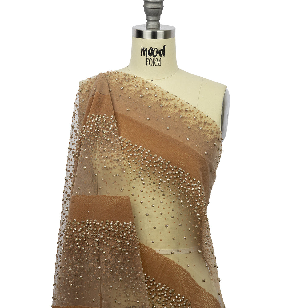 Flocked Puffy Glitter Tulle - Caramel Abstract Stripes - Drape Flocked Puffy Glitter Tulle - Caramel Abstract Stripes - Drape