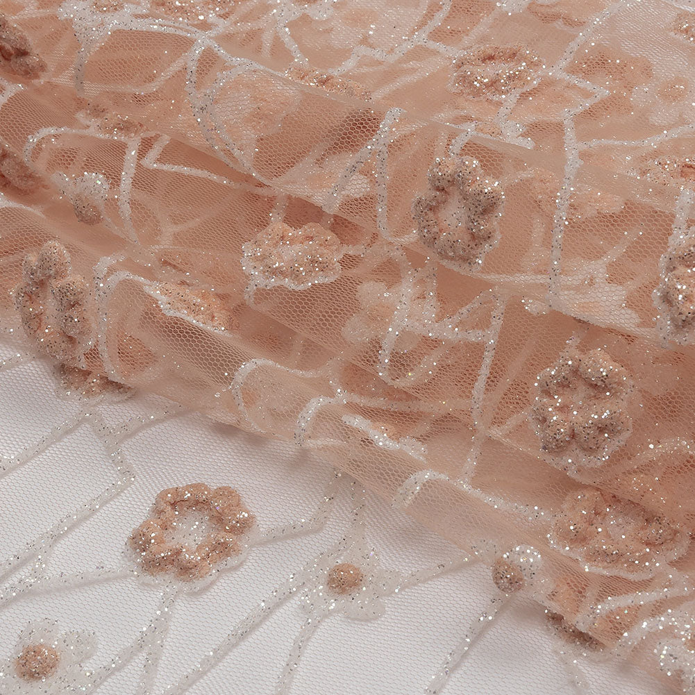 3D Puffy Glitter Tulle - Powder Pink and White Flowers and Geometric Stems 3D Puffy Glitter Tulle - Powder Pink and White Flowers and Geometric Stems