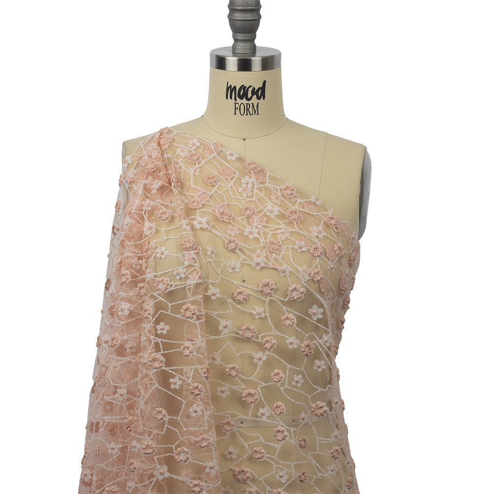 3D Puffy Glitter Tulle - Powder Pink and White Flowers and Geometric Stems 3D Puffy Glitter Tulle - Powder Pink and White Flowers and Geometric Stems