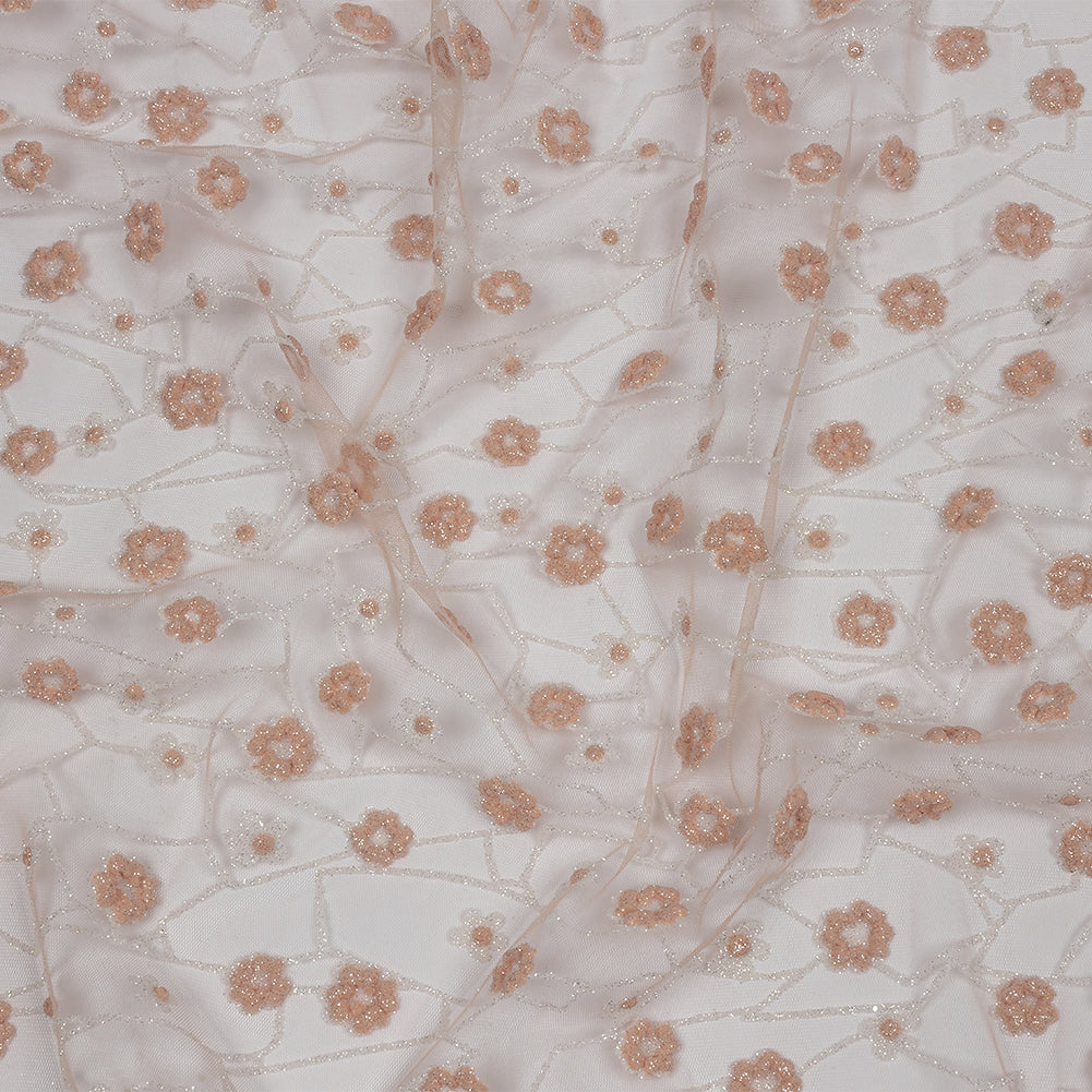 3D Puffy Glitter Tulle - Powder Pink and White Flowers and Geometric Stems 3D Puffy Glitter Tulle - Powder Pink and White Flowers and Geometric Stems