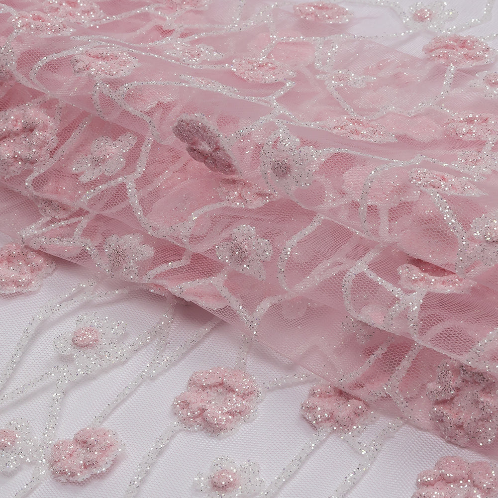 3D Puffy Glitter Tulle - Baby Pink and White Flowers and Geometric Stems 3D Puffy Glitter Tulle - Baby Pink and White Flowers and Geometric Stems
