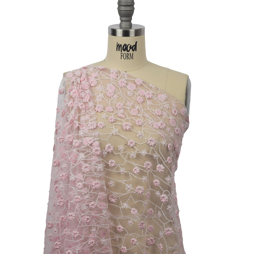 3D Puffy Glitter Tulle - Baby Pink and White Flowers and Geometric Stems 3D Puffy Glitter Tulle - Baby Pink and White Flowers and Geometric Stems