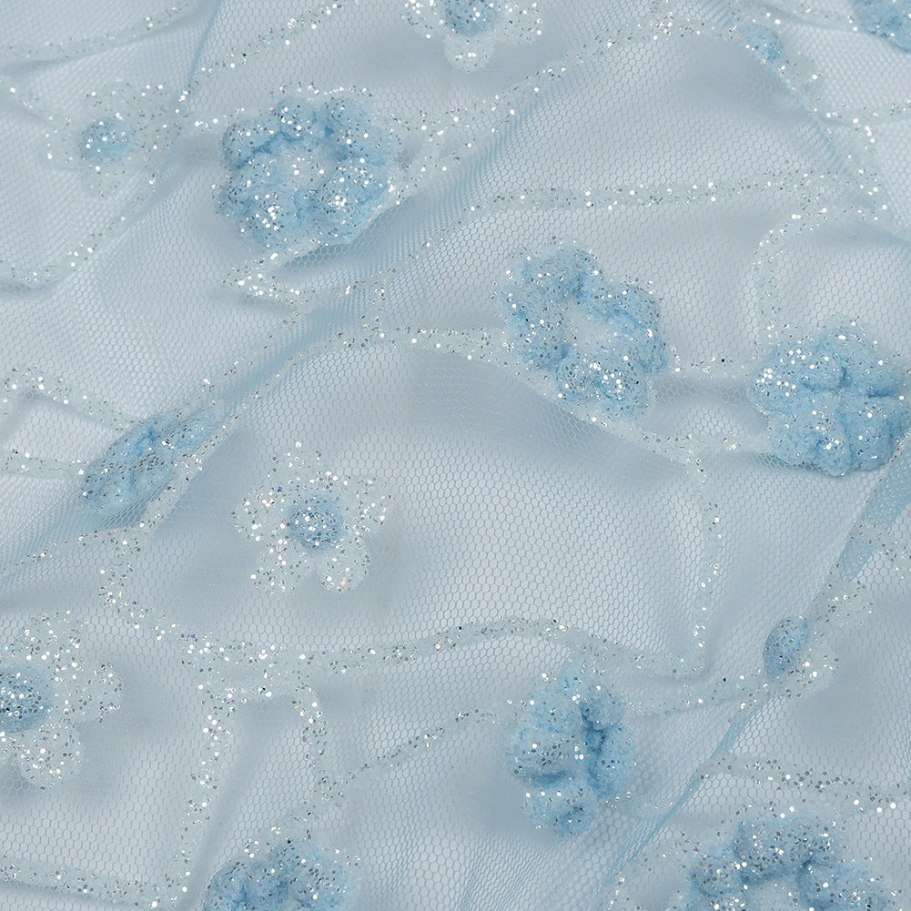 3D Puffy Glitter Tulle - Baby Blue and White Flowers and Geometric Stems 3D Puffy Glitter Tulle - Baby Blue and White Flowers and Geometric Stems