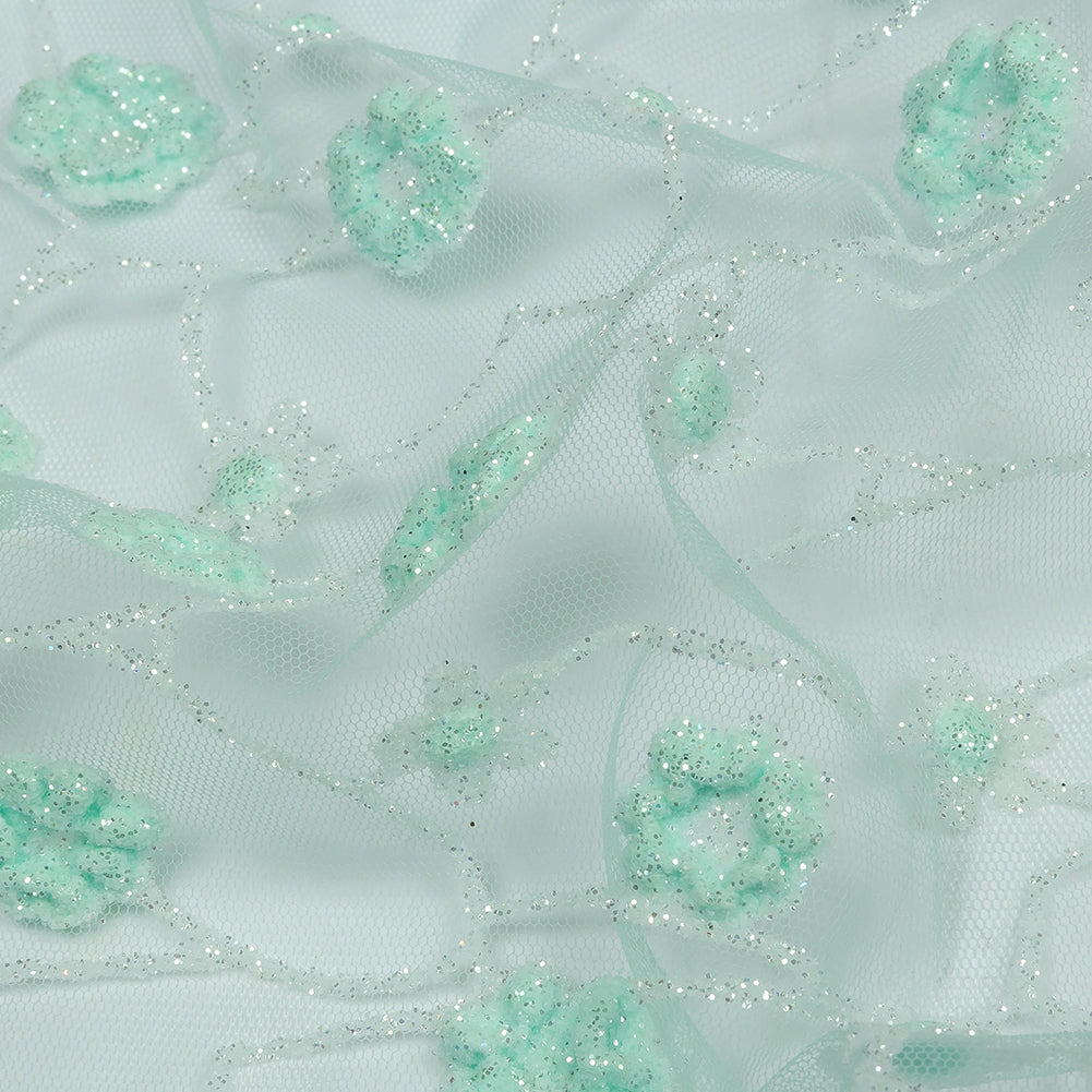3D Puffy Glitter Tulle - Mint and White Flowers and Geometric Stems 3D Puffy Glitter Tulle - Mint and White Flowers and Geometric Stems