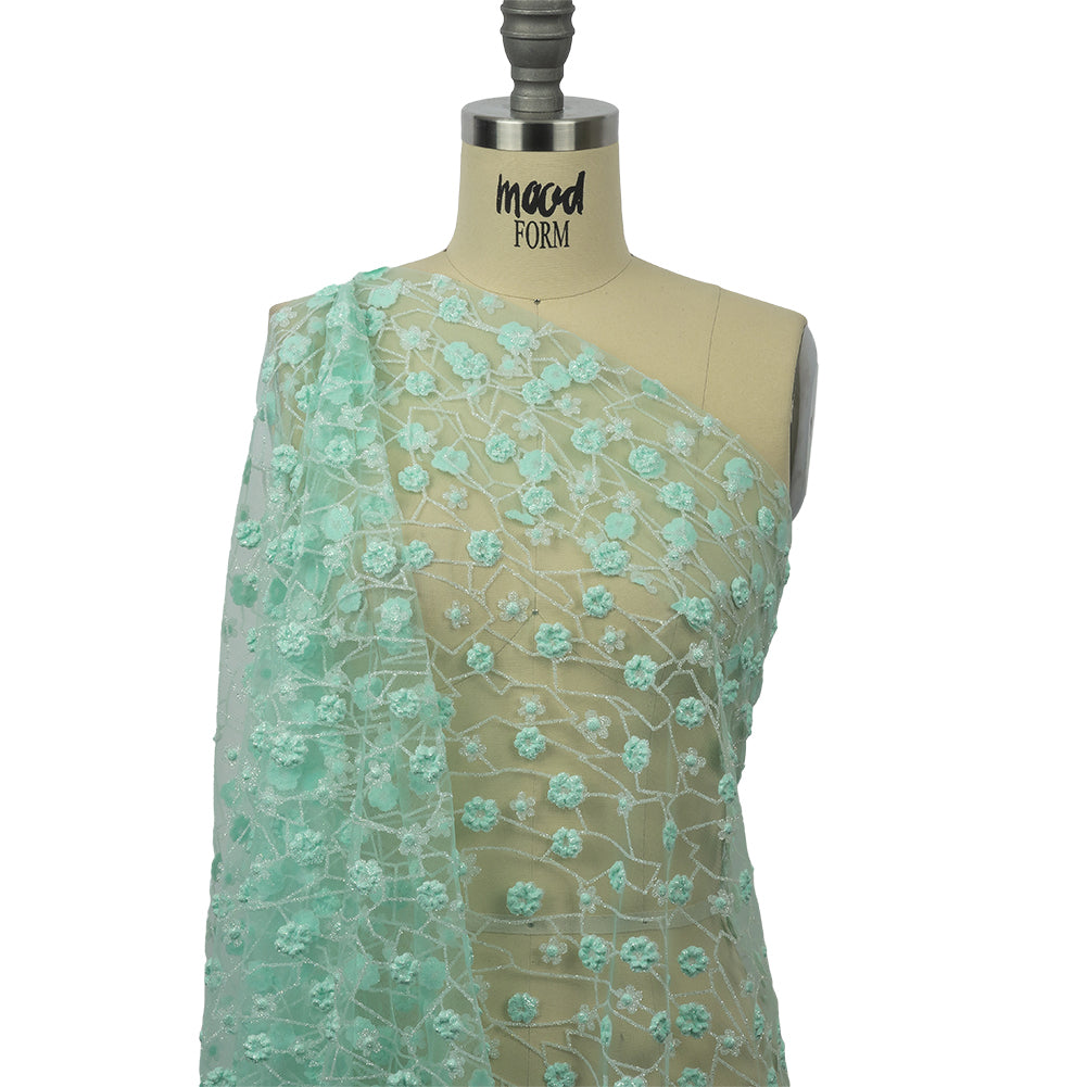 3D Puffy Glitter Tulle - Mint and White Flowers and Geometric Stems 3D Puffy Glitter Tulle - Mint and White Flowers and Geometric Stems