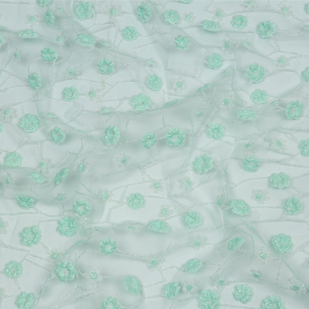 3D Puffy Glitter Tulle - Mint and White Flowers and Geometric Stems 3D Puffy Glitter Tulle - Mint and White Flowers and Geometric Stems