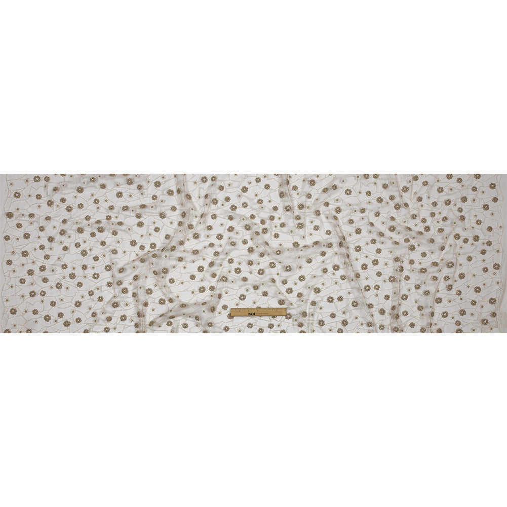 3D Puffy Glitter Tulle - Taupe and White Flowers and Geometric Stems 3D Puffy Glitter Tulle - Taupe and White Flowers and Geometric Stems