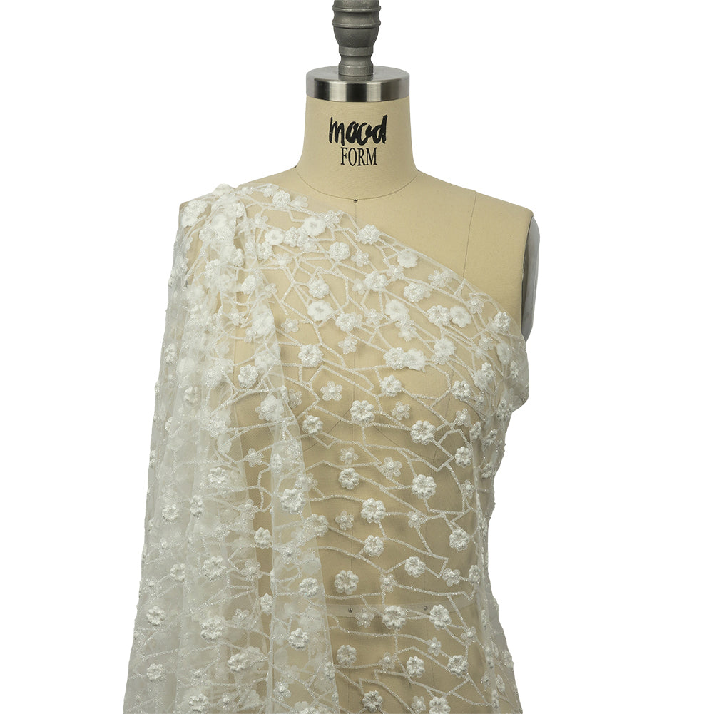 3D Puffy Glitter Tulle - White Flowers and Geometric Stems 3D Puffy Glitter Tulle - White Flowers and Geometric Stems