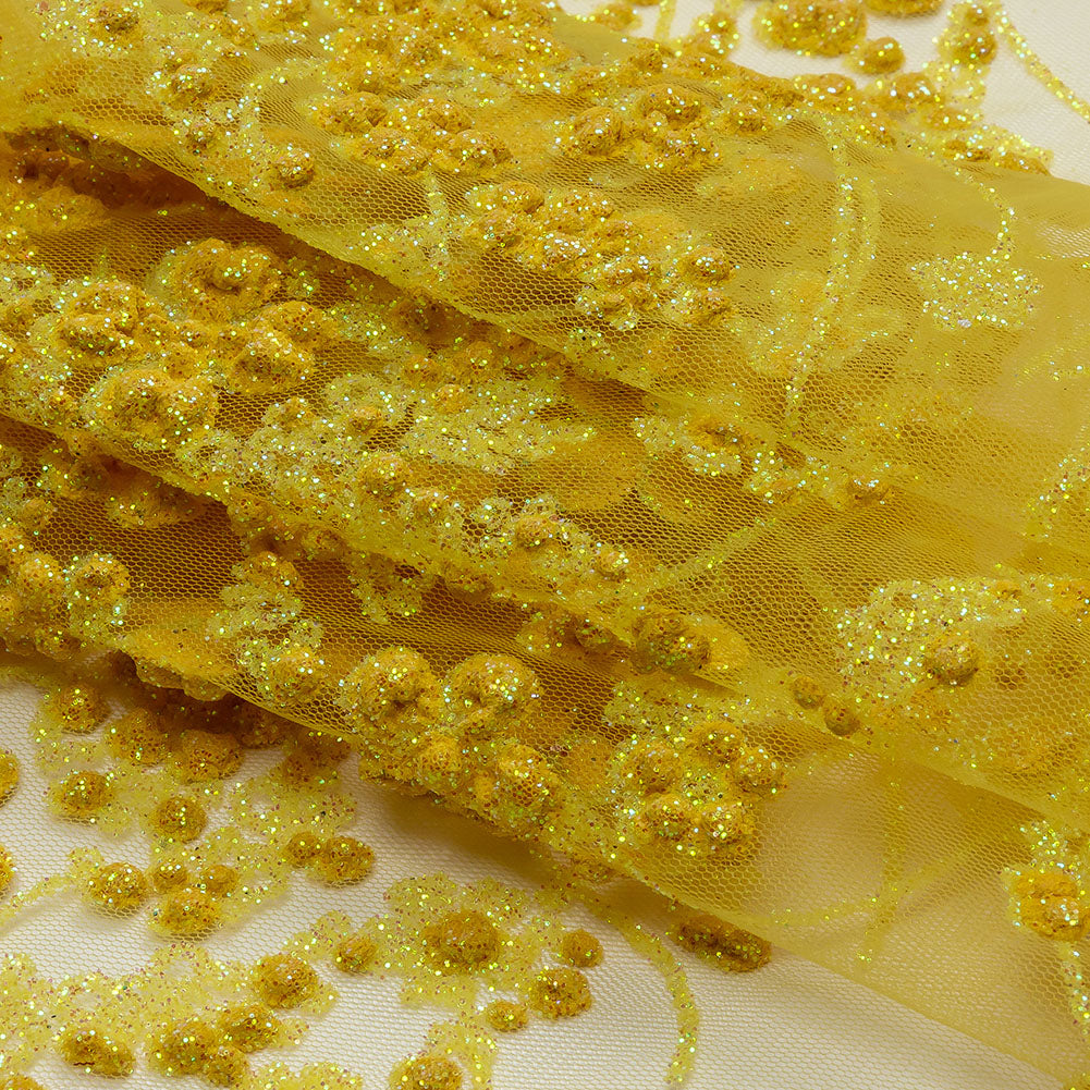 3D Puffy Glitter Tulle - Lemon and Mustard Floral Stripes 3D Puffy Glitter Tulle - Lemon and Mustard Floral Stripes