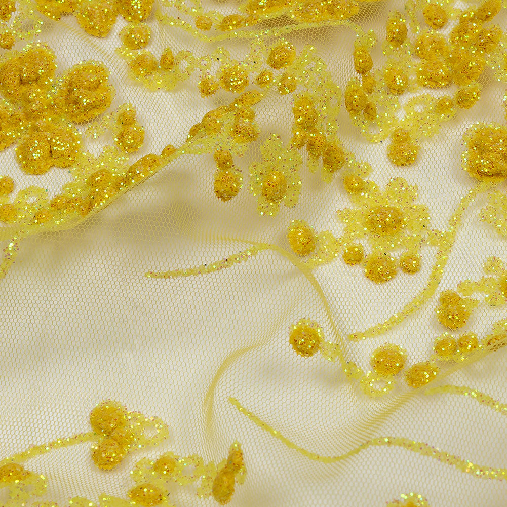 3D Puffy Glitter Tulle - Lemon and Mustard Floral Stripes 3D Puffy Glitter Tulle - Lemon and Mustard Floral Stripes