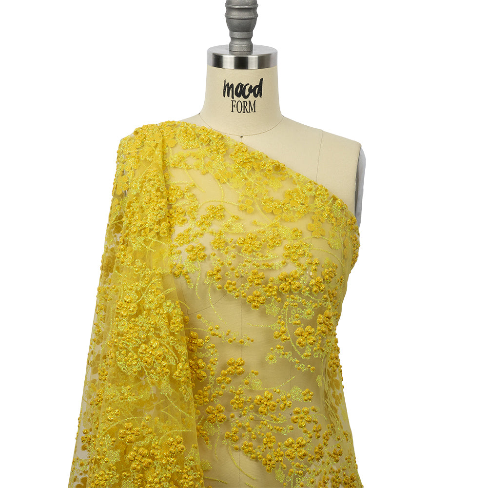 3D Puffy Glitter Tulle - Lemon and Mustard Floral Stripes 3D Puffy Glitter Tulle - Lemon and Mustard Floral Stripes