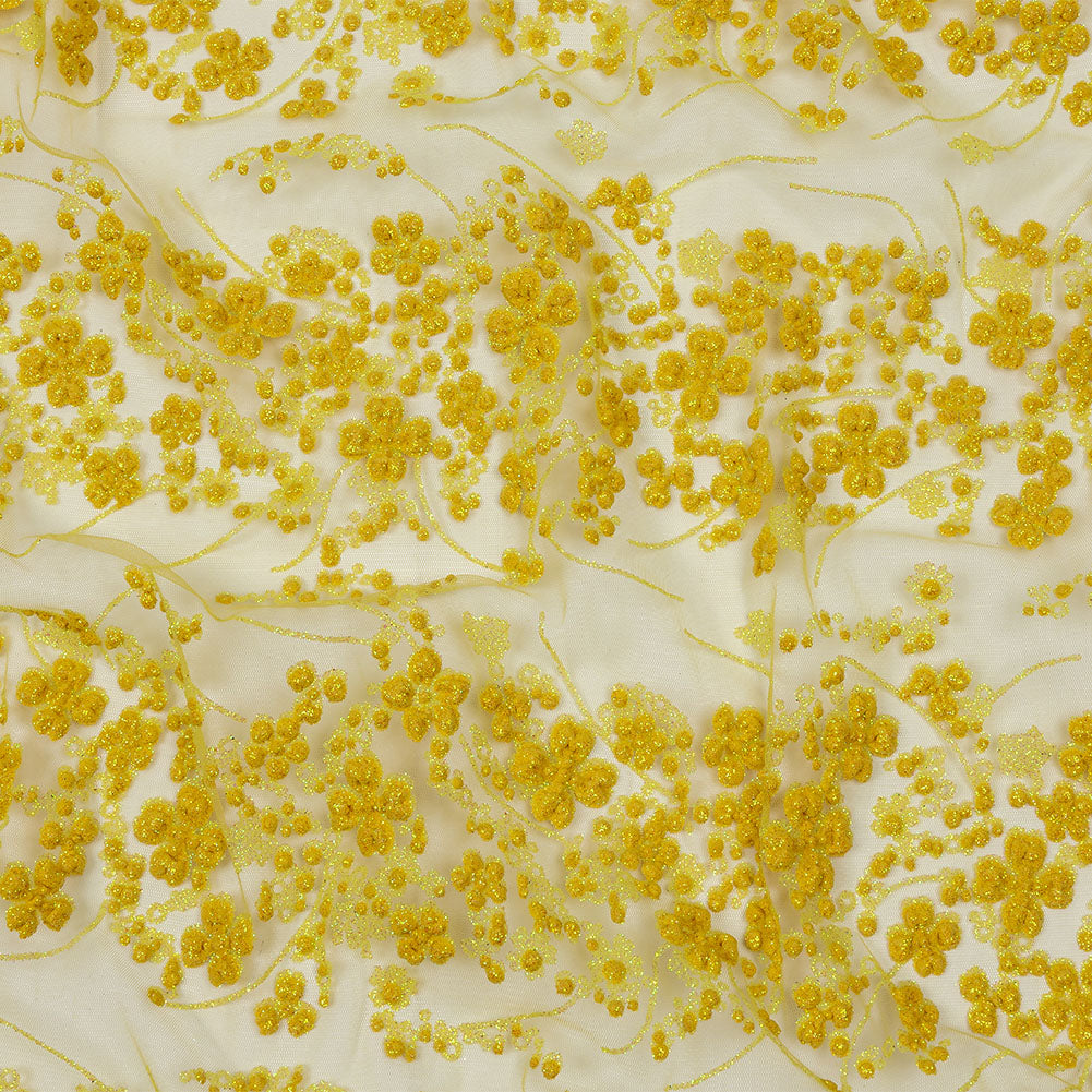 3D Puffy Glitter Tulle - Lemon and Mustard Floral Stripes 3D Puffy Glitter Tulle - Lemon and Mustard Floral Stripes