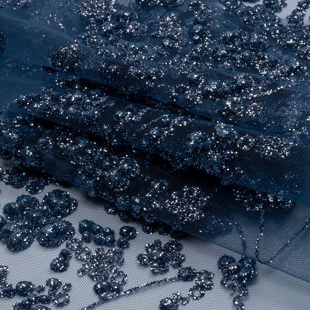3D Puffy Glitter Tulle - Indigo Floral Stripes 3D Puffy Glitter Tulle - Indigo Floral Stripes