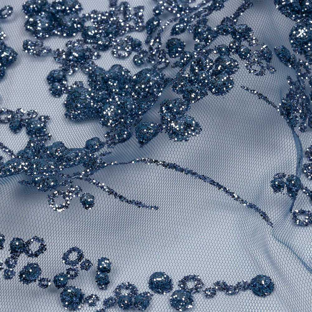 3D Puffy Glitter Tulle - Indigo Floral Stripes 3D Puffy Glitter Tulle - Indigo Floral Stripes