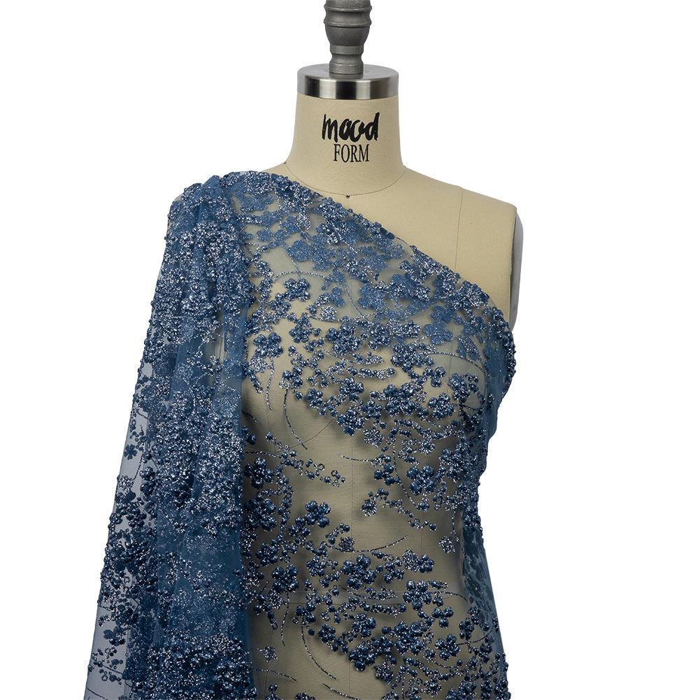 3D Puffy Glitter Tulle - Indigo Floral Stripes 3D Puffy Glitter Tulle - Indigo Floral Stripes