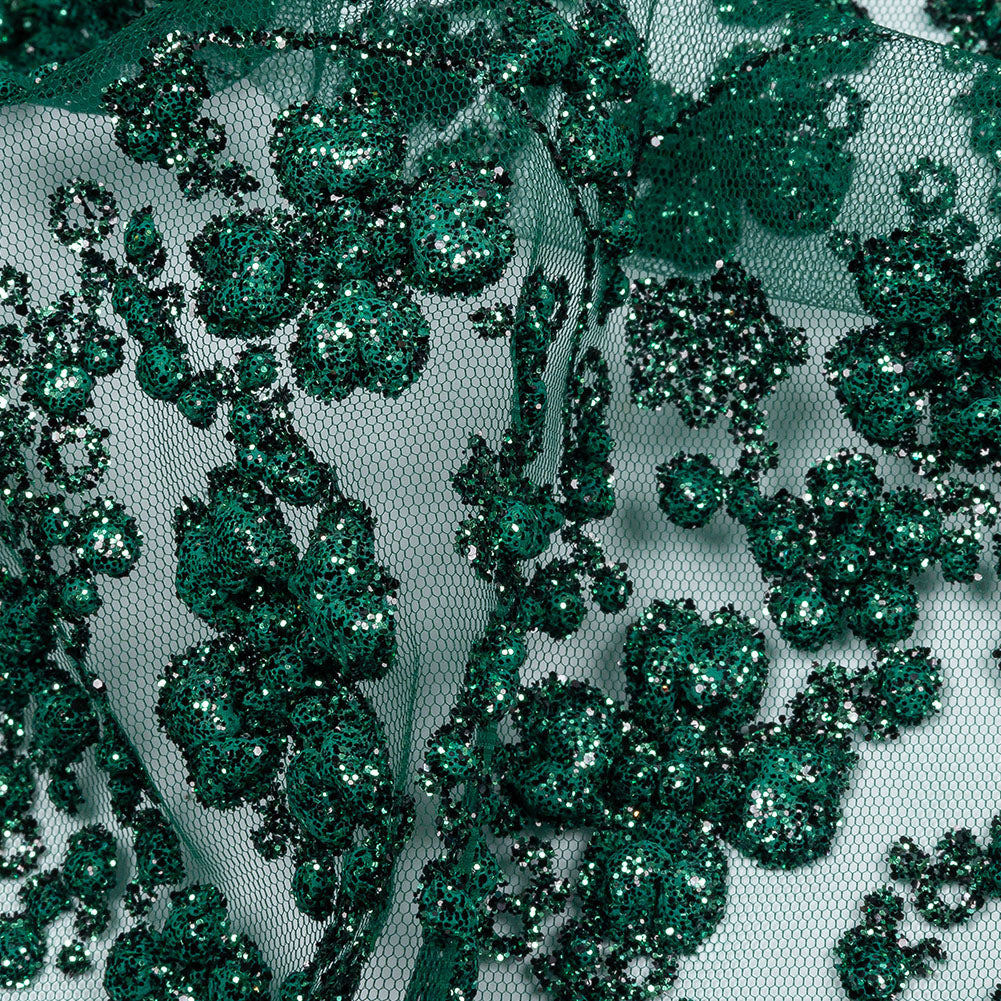 3D Puffy Glitter Tulle - Dark Emerald and Black Floral Stripes - Detail 3D Puffy Glitter Tulle - Dark Emerald and Black Floral Stripes - Detail