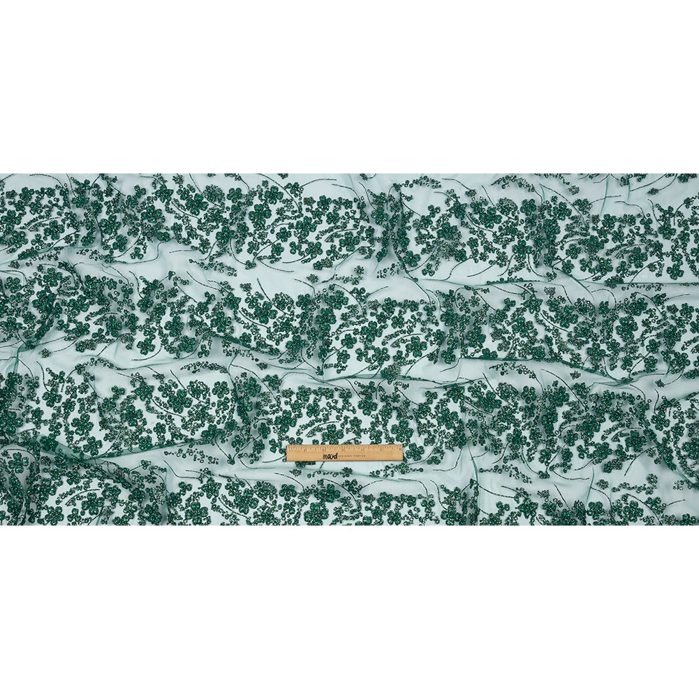 3D Puffy Glitter Tulle - Dark Emerald and Black Floral Stripes - Full 3D Puffy Glitter Tulle - Dark Emerald and Black Floral Stripes - Full