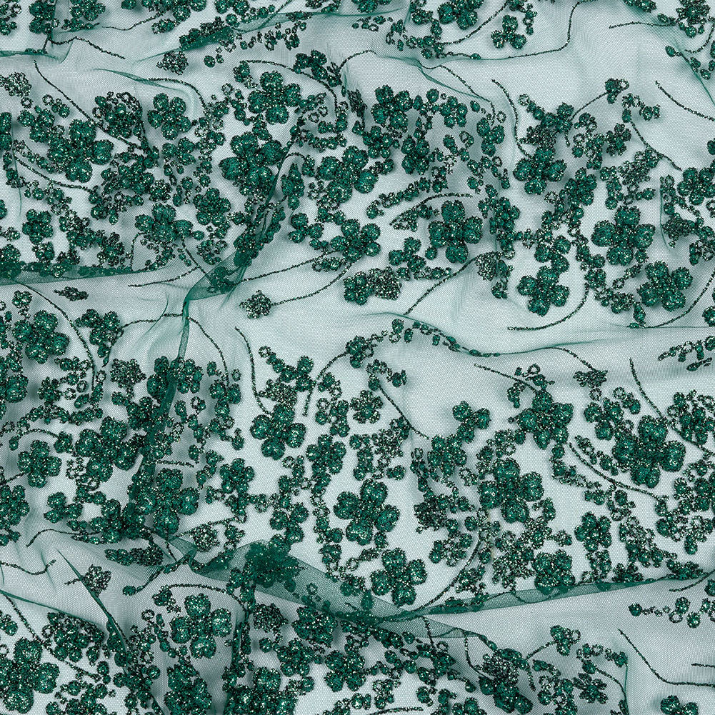 3D Puffy Glitter Tulle - Dark Emerald and Black Floral Stripes 3D Puffy Glitter Tulle - Dark Emerald and Black Floral Stripes