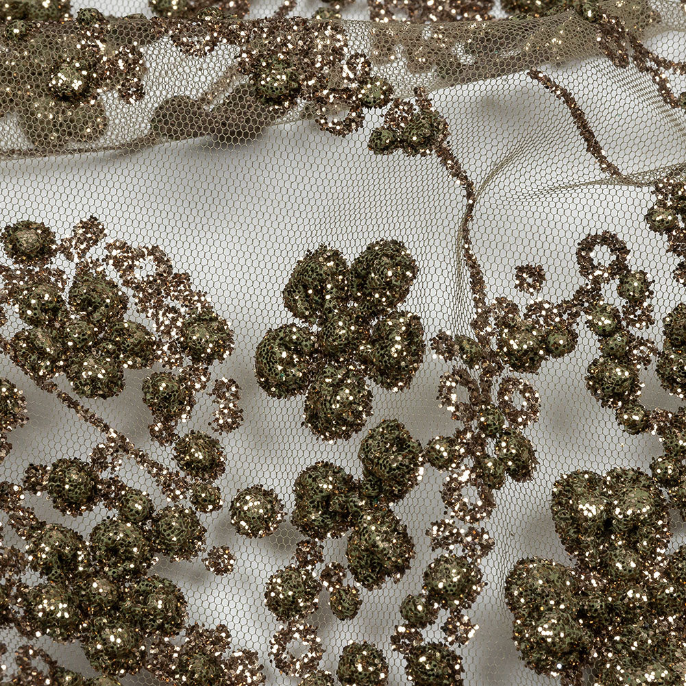 3D Puffy Glitter Tulle - Mink Floral Stripes - Detail 3D Puffy Glitter Tulle - Mink Floral Stripes - Detail