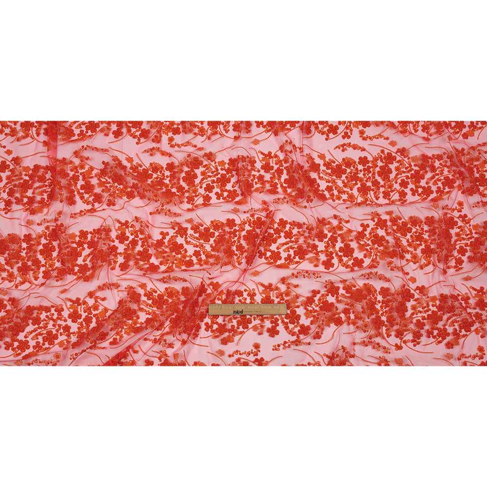 3D Puffy Glitter Tulle - Neon Orange Floral Stripes - Full 3D Puffy Glitter Tulle - Neon Orange Floral Stripes - Full