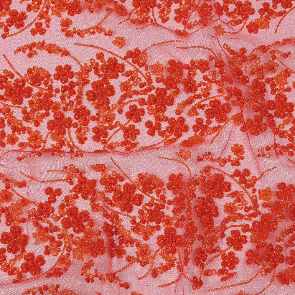 3D Puffy Glitter Tulle - Neon Orange Floral Stripes 3D Puffy Glitter Tulle - Neon Orange Floral Stripes