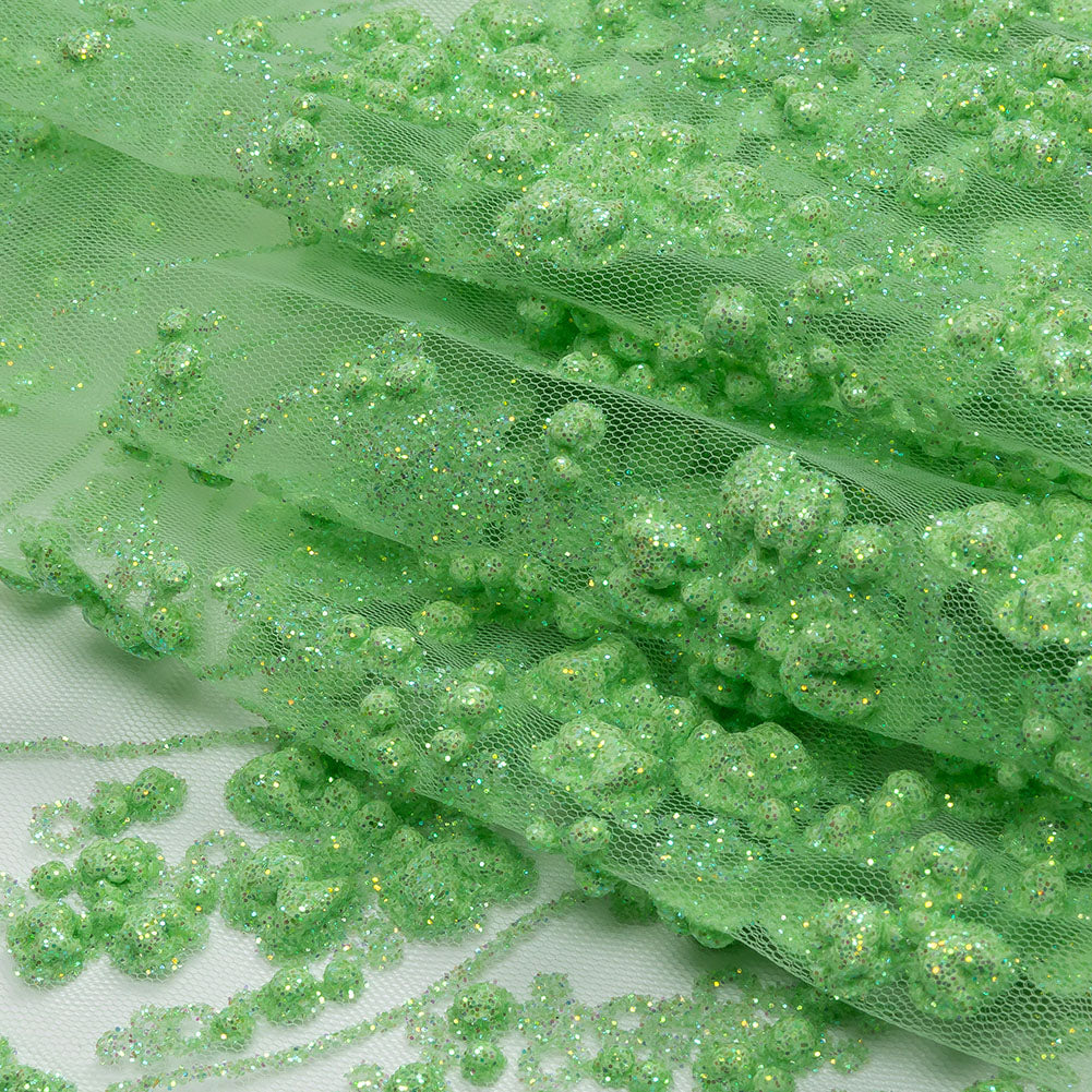 3D Puffy Glitter Tulle - Bright Mint Floral Stripes 3D Puffy Glitter Tulle - Bright Mint Floral Stripes