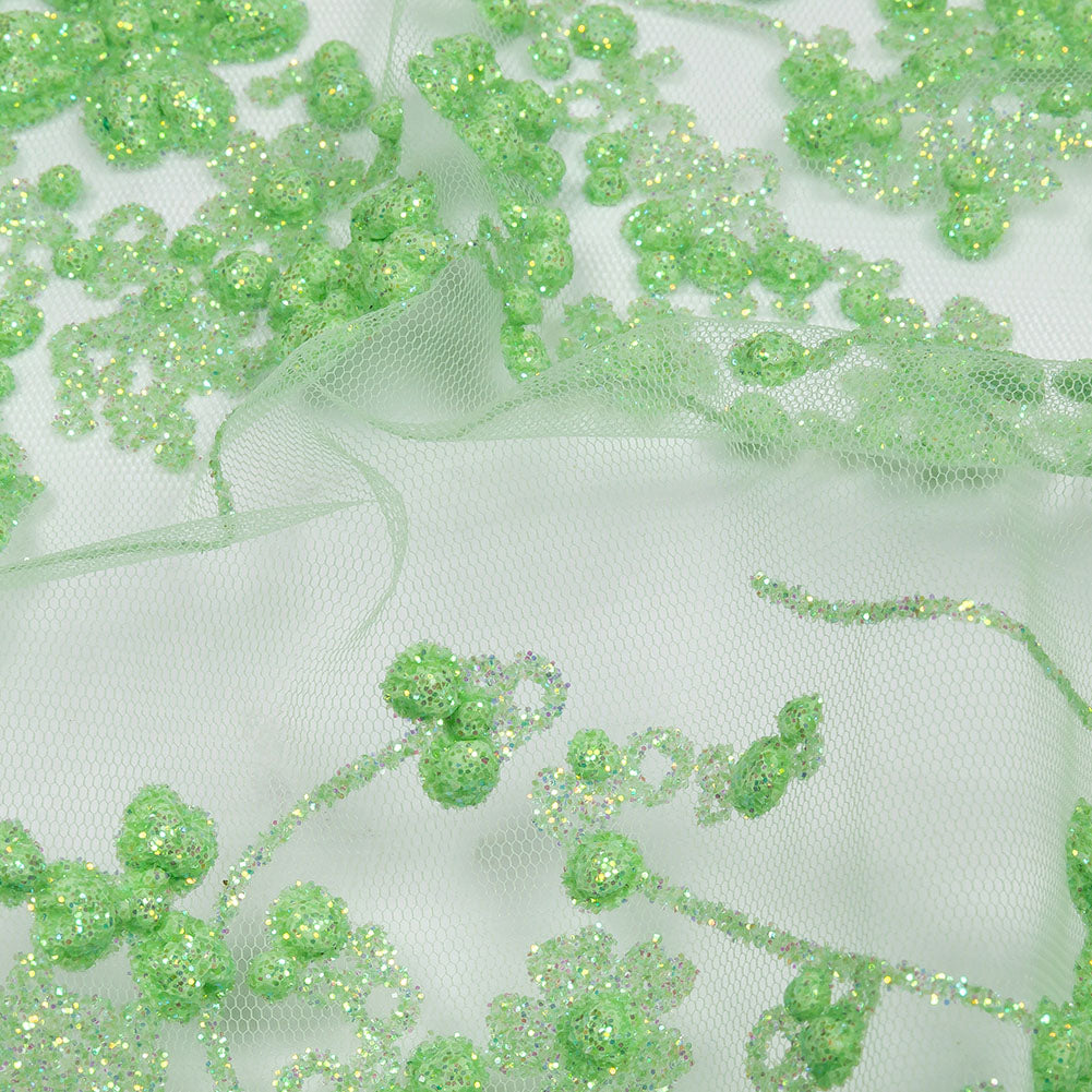 3D Puffy Glitter Tulle - Bright Mint Floral Stripes 3D Puffy Glitter Tulle - Bright Mint Floral Stripes