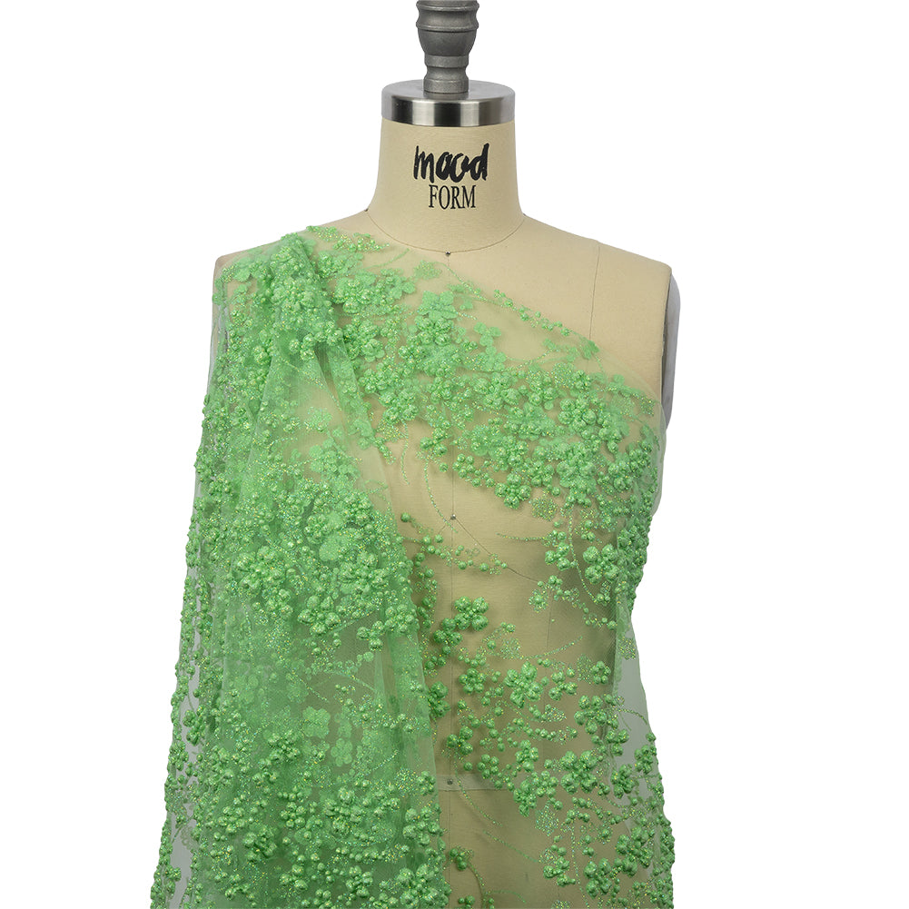 3D Puffy Glitter Tulle - Bright Mint Floral Stripes 3D Puffy Glitter Tulle - Bright Mint Floral Stripes