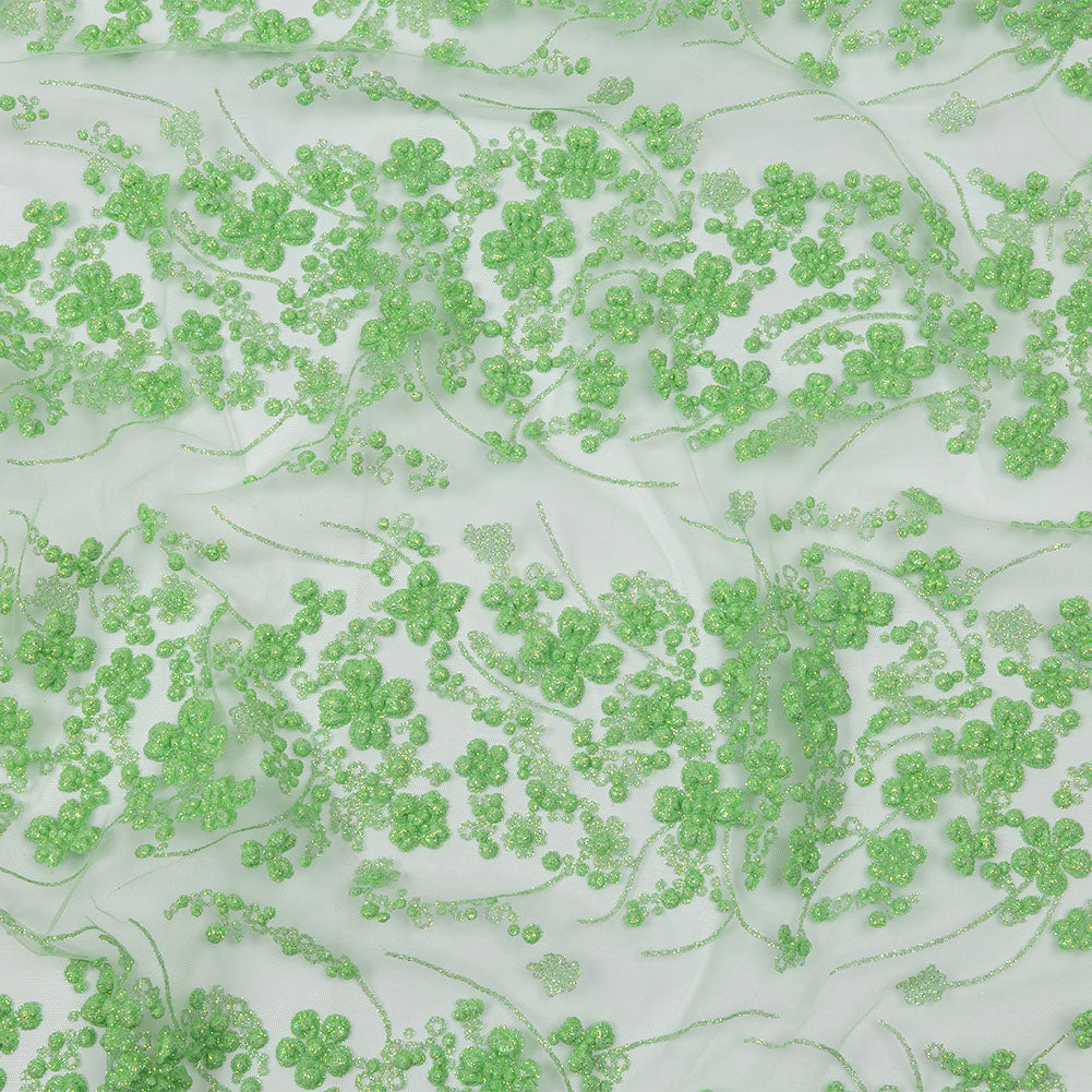 3D Puffy Glitter Tulle - Bright Mint Floral Stripes 3D Puffy Glitter Tulle - Bright Mint Floral Stripes