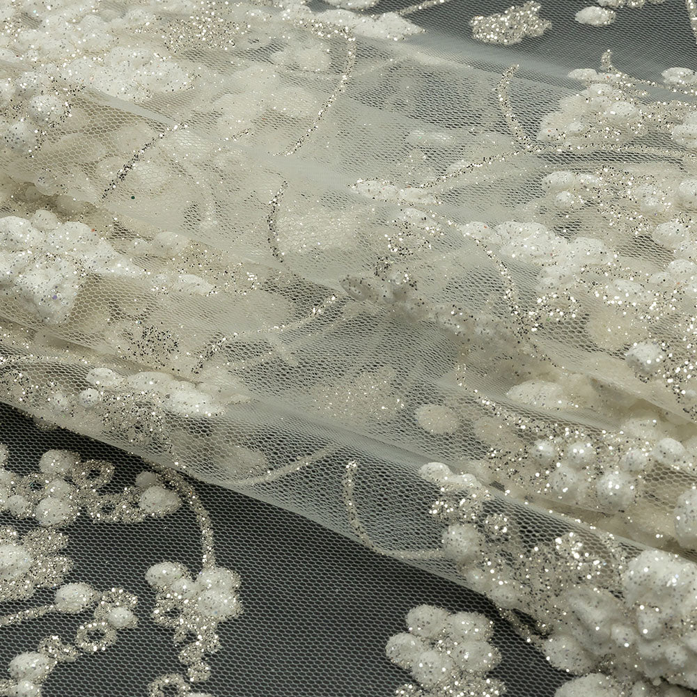 3D Puffy Glitter Tulle - Off White and Silver Floral Stripes 3D Puffy Glitter Tulle - Off White and Silver Floral Stripes