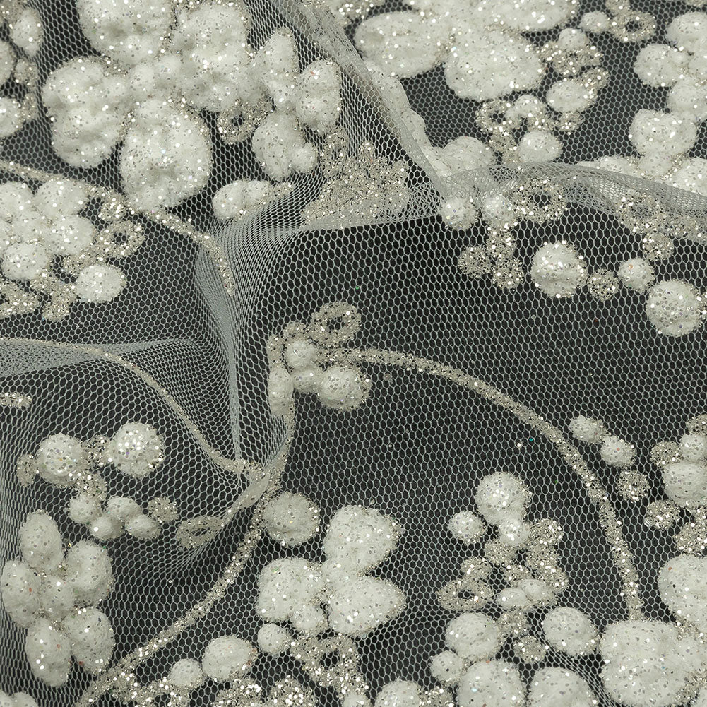 3D Puffy Glitter Tulle - Off White and Silver Floral Stripes 3D Puffy Glitter Tulle - Off White and Silver Floral Stripes