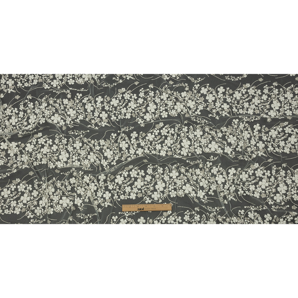 3D Puffy Glitter Tulle - Off White and Silver Floral Stripes 3D Puffy Glitter Tulle - Off White and Silver Floral Stripes