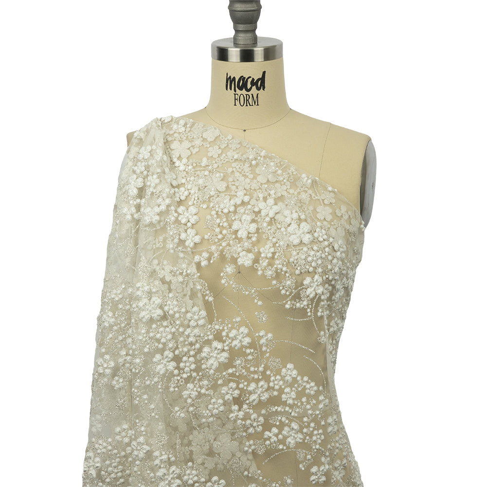 3D Puffy Glitter Tulle - Off White and Silver Floral Stripes 3D Puffy Glitter Tulle - Off White and Silver Floral Stripes