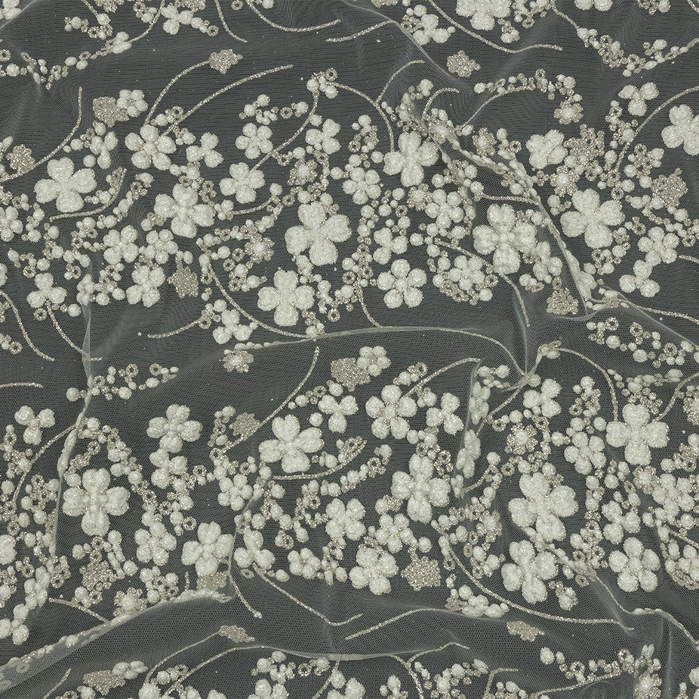 3D Puffy Glitter Tulle - Off White and Silver Floral Stripes 3D Puffy Glitter Tulle - Off White and Silver Floral Stripes