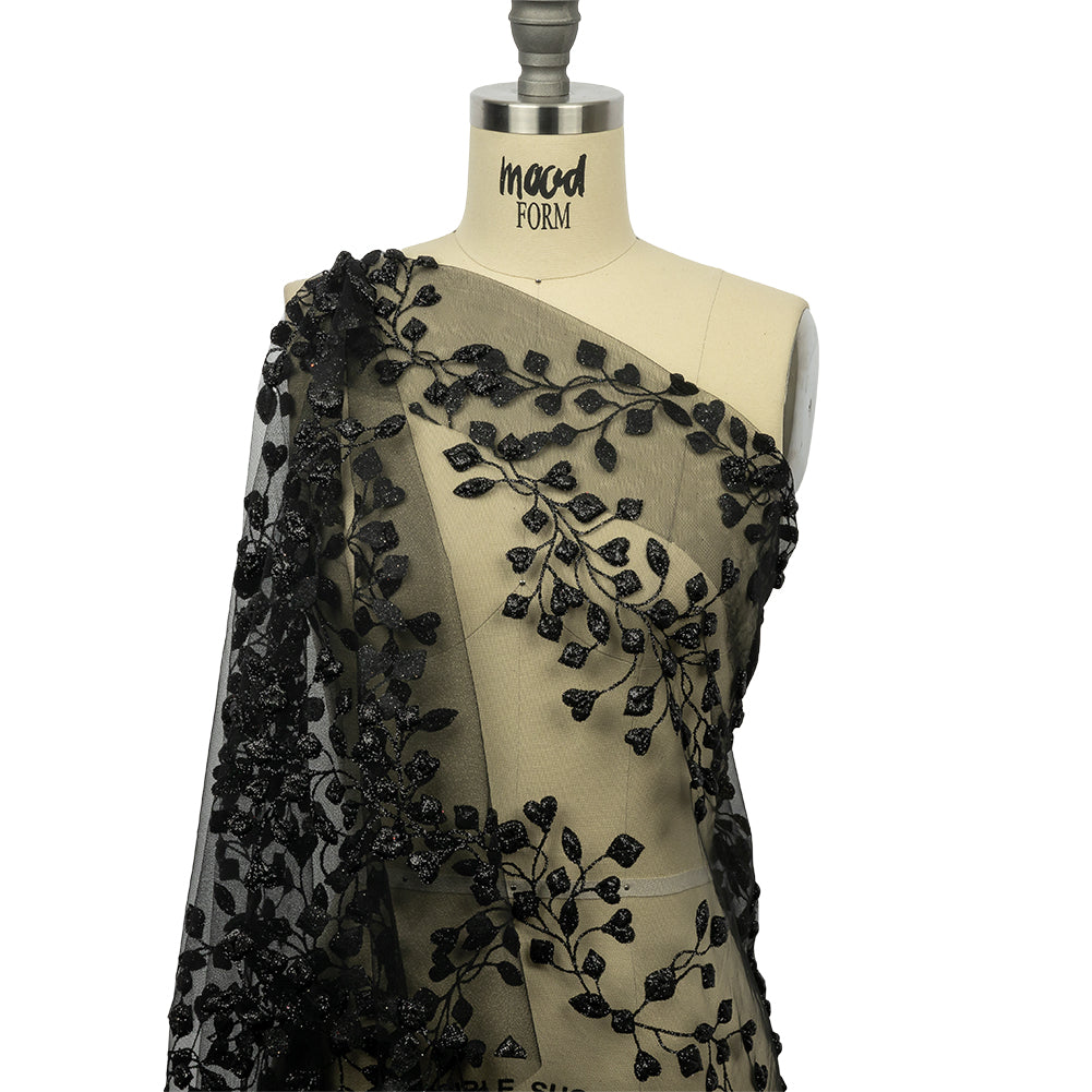3D Puffy Glitter Tulle - Black Leafy Vines and Scalloped Borders 3D Puffy Glitter Tulle - Black Leafy Vines and Scalloped Borders