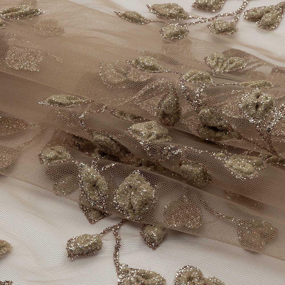 3D Puffy Glitter Tulle - Taupe Leafy Vines and Scalloped Borders 3D Puffy Glitter Tulle - Taupe Leafy Vines and Scalloped Borders