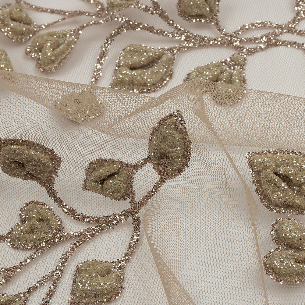 3D Puffy Glitter Tulle - Taupe Leafy Vines and Scalloped Borders 3D Puffy Glitter Tulle - Taupe Leafy Vines and Scalloped Borders