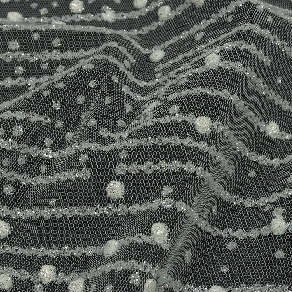 3D Puffy Glitter Tulle - White Spotted Striations 3D Puffy Glitter Tulle - White Spotted Striations