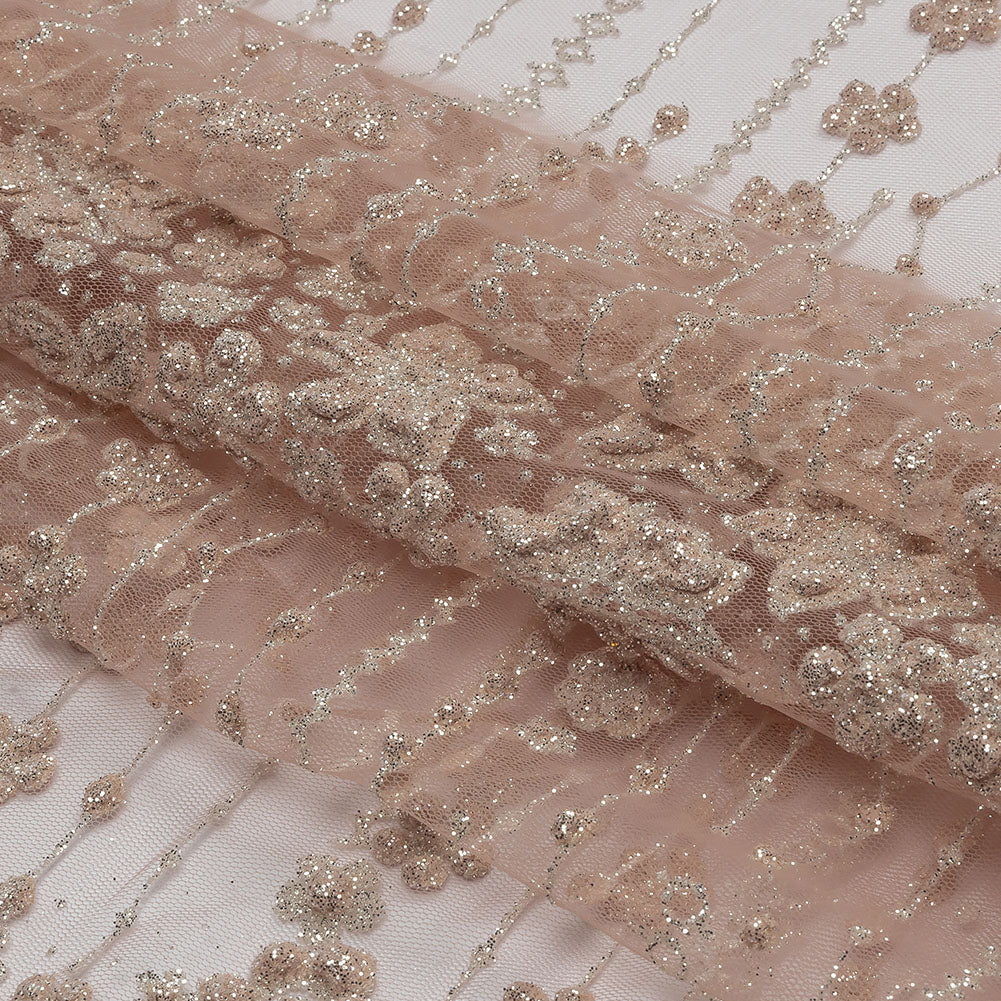 3D Puffy Glitter Tulle - Powder Pink and Silver Dotted Stripes and Floral Border 3D Puffy Glitter Tulle - Powder Pink and Silver Dotted Stripes and Floral Border