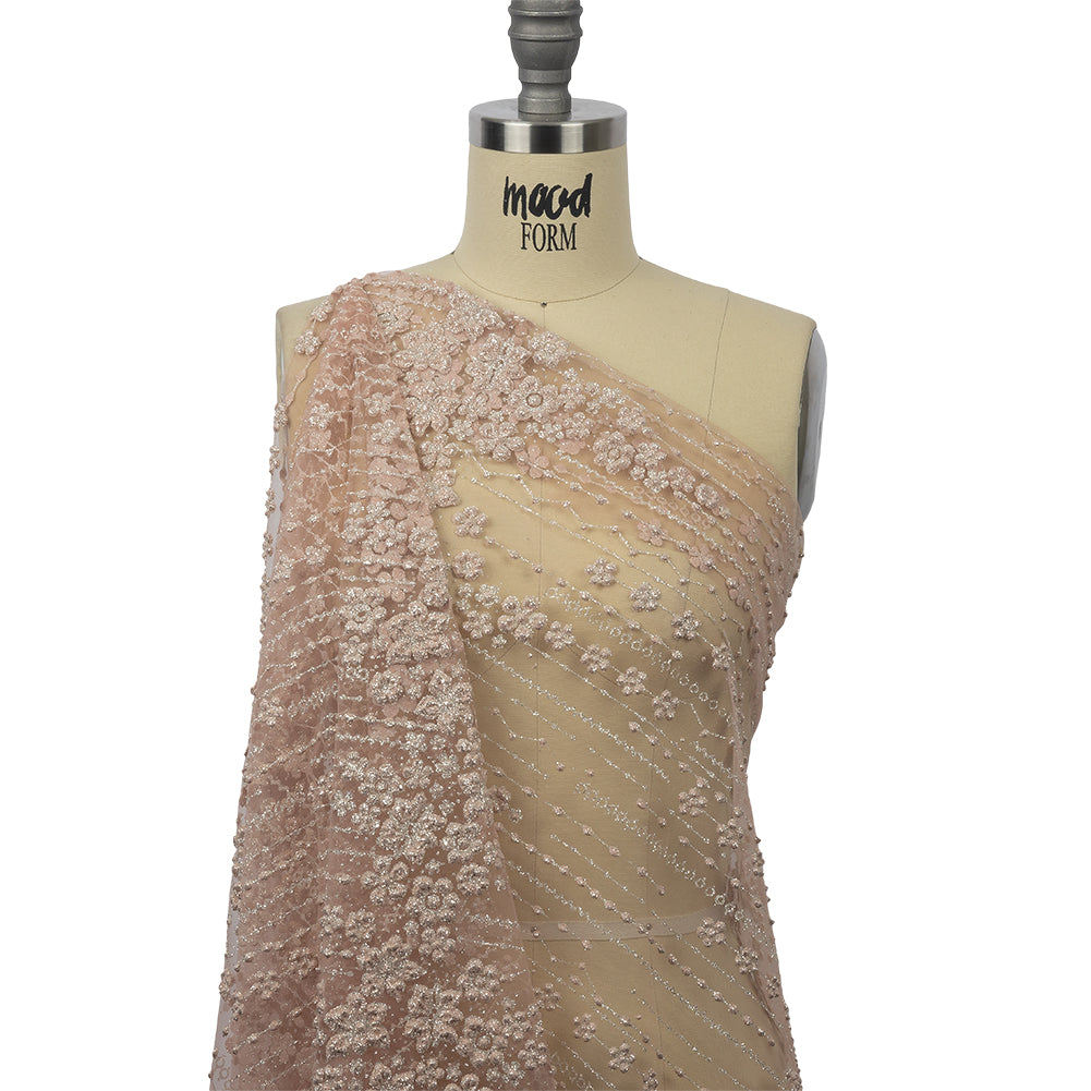 3D Puffy Glitter Tulle - Powder Pink and Silver Dotted Stripes and Floral Border 3D Puffy Glitter Tulle - Powder Pink and Silver Dotted Stripes and Floral Border