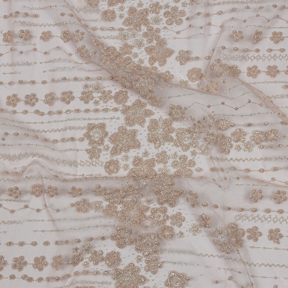 3D Puffy Glitter Tulle - Powder Pink and Silver Dotted Stripes and Floral Border 3D Puffy Glitter Tulle - Powder Pink and Silver Dotted Stripes and Floral Border