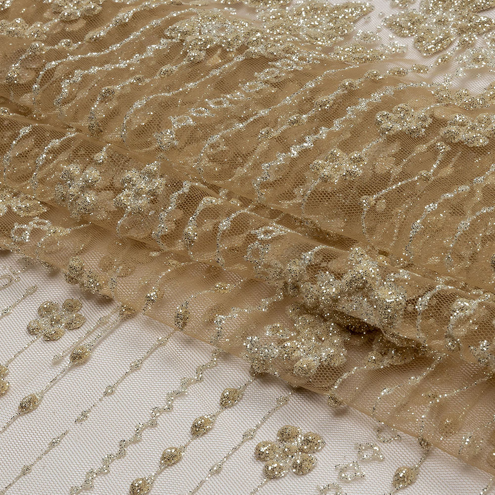 3D Puffy Glitter Tulle - Tan and Silver Dotted Stripes and Floral Border 3D Puffy Glitter Tulle - Tan and Silver Dotted Stripes and Floral Border