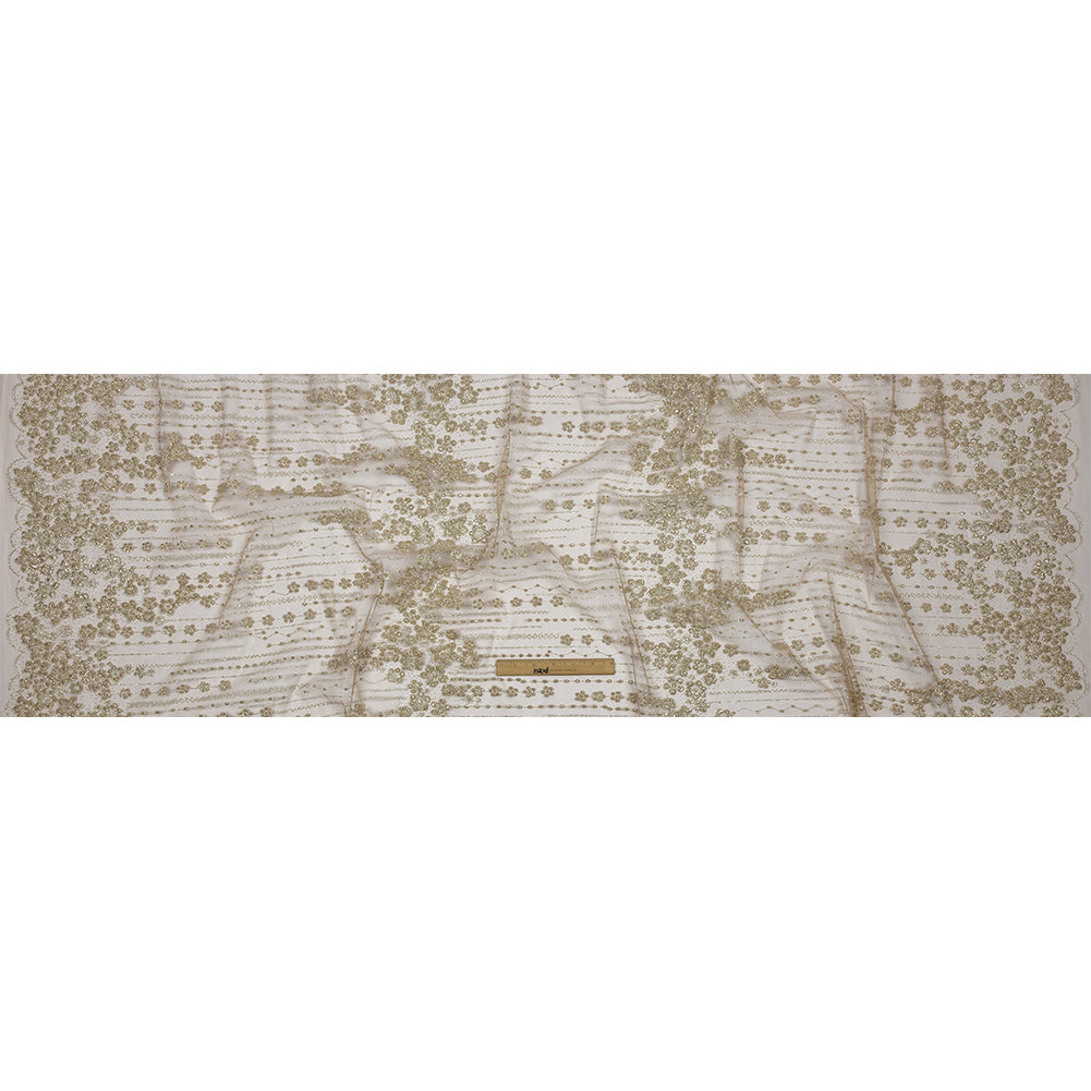 3D Puffy Glitter Tulle - Tan and Silver Dotted Stripes and Floral Border 3D Puffy Glitter Tulle - Tan and Silver Dotted Stripes and Floral Border