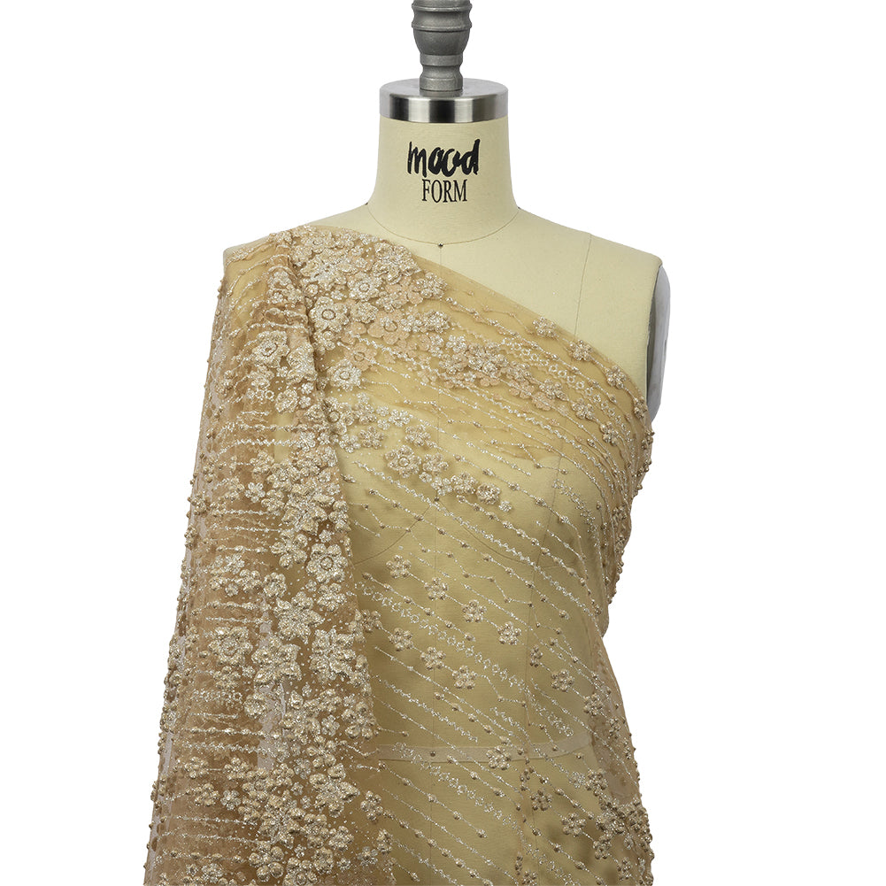 3D Puffy Glitter Tulle - Tan and Silver Dotted Stripes and Floral Border 3D Puffy Glitter Tulle - Tan and Silver Dotted Stripes and Floral Border