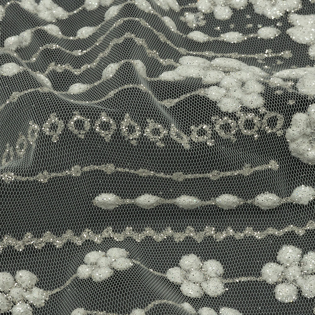 3D Puffy Glitter Tulle - White and Silver Dotted Stripes and Floral Border - Detail 3D Puffy Glitter Tulle - White and Silver Dotted Stripes and Floral Border - Detail
